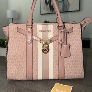Michael Kors Blush Pink Signature Stripe Satchel with Gold Hardware